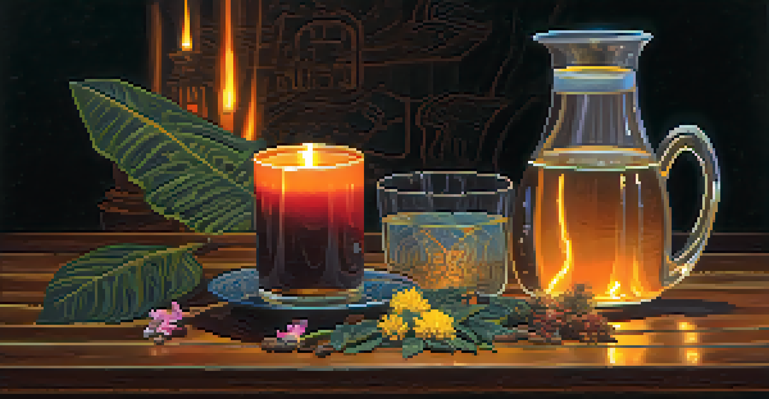 A close-up view of a glass of ayahuasca brew on a wooden altar, surrounded by candles and flowers, with warm lighting.