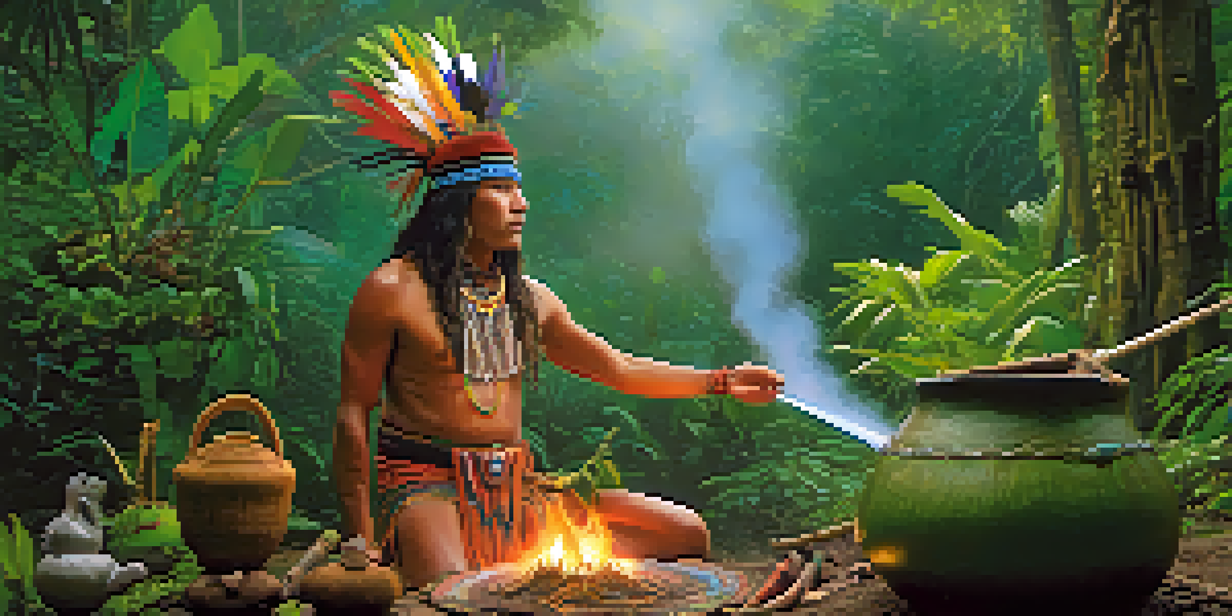 An indigenous shaman in ceremonial attire stirring a cauldron in the Amazon rainforest at dawn, surrounded by lush greenery and mist.