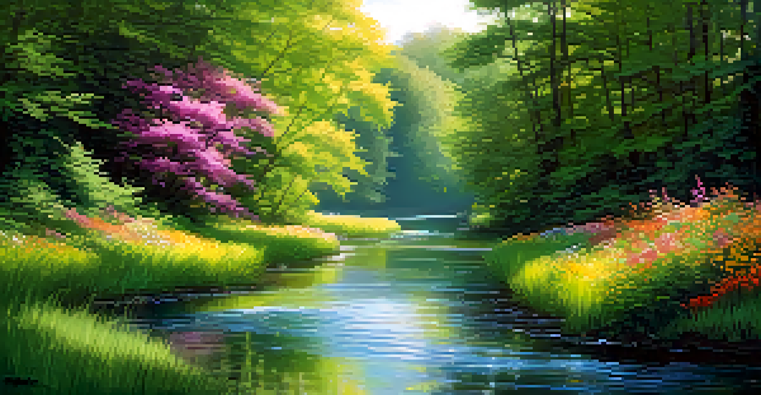 A serene river flowing through a lush forest, with sunlight sparkling on the water and vibrant flowers along the banks.