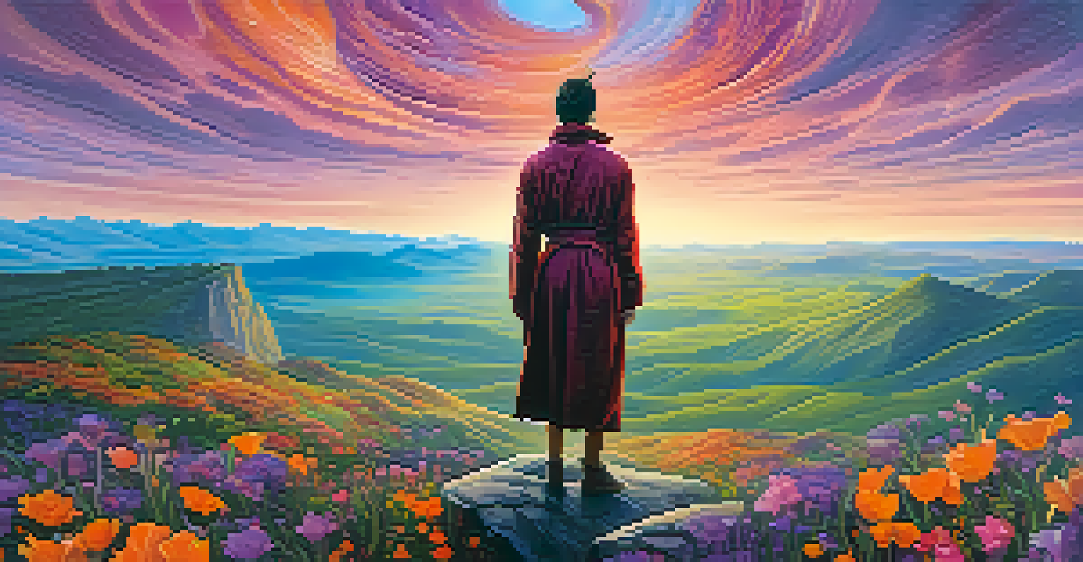 A person standing on a cliff at sunset, looking over a colorful landscape symbolizing transformation.