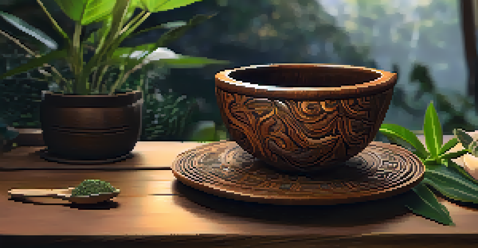 A close-up of an ayahuasca cup filled with brown liquid, surrounded by herbs and plants on a wooden table.