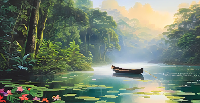 A tranquil view of the Amazon rainforest at dawn, with mist over a river and sunlight filtering through the trees, highlighting lush greenery and flowers.