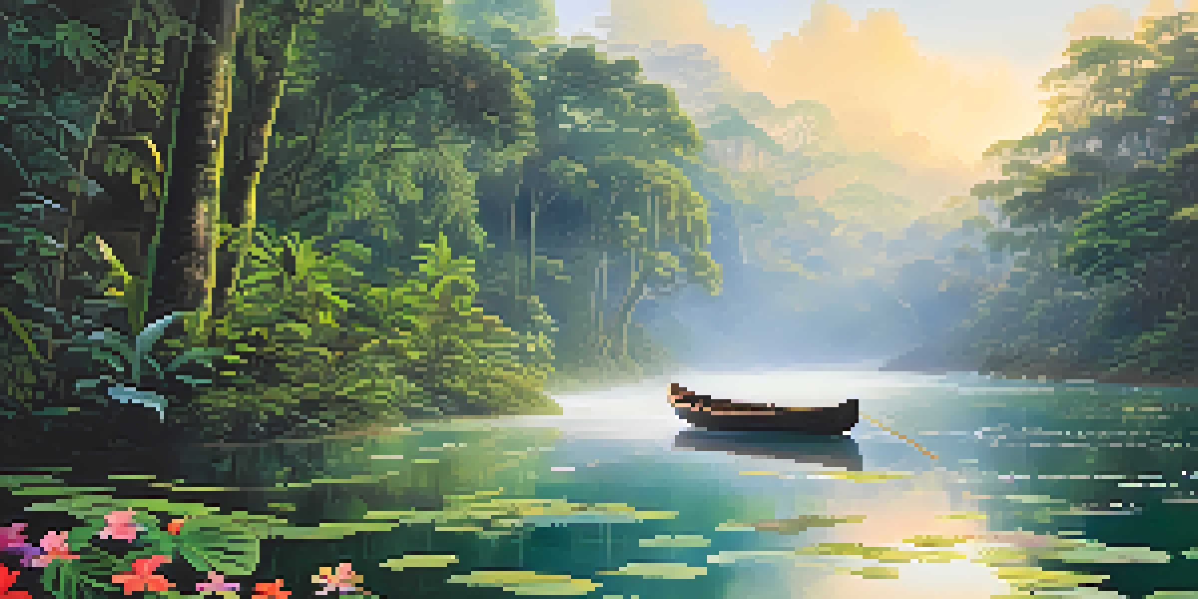 A tranquil view of the Amazon rainforest at dawn, with mist over a river and sunlight filtering through the trees, highlighting lush greenery and flowers.