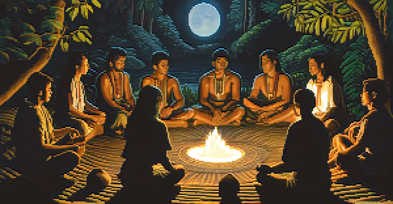 A group of people engaged in an Ayahuasca ceremony at night, illuminated by candles and moonlight, seated in a circle surrounded by nature.