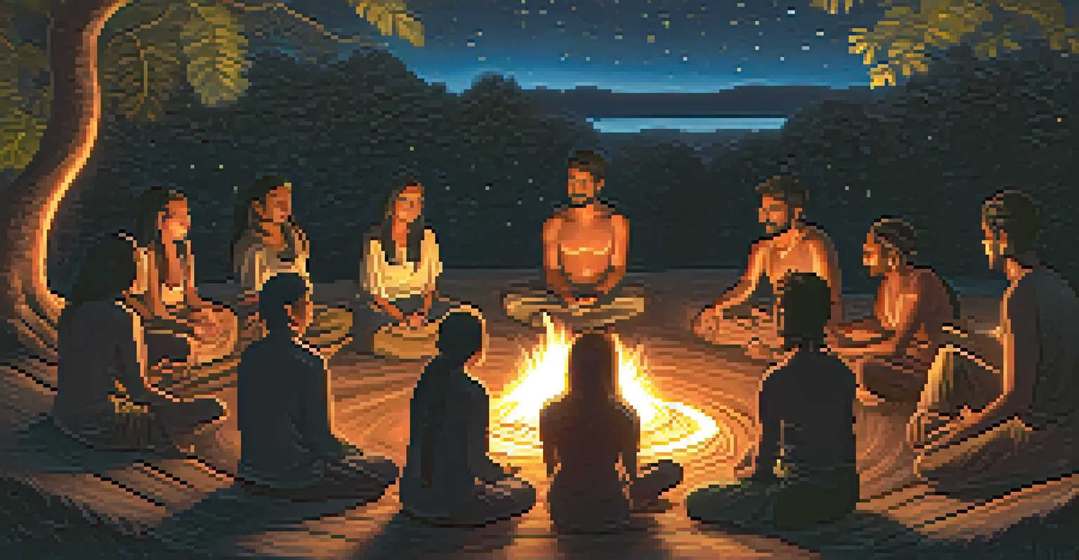 An outdoor ayahuasca ceremony at night, with participants meditating around a fire under a starry sky.