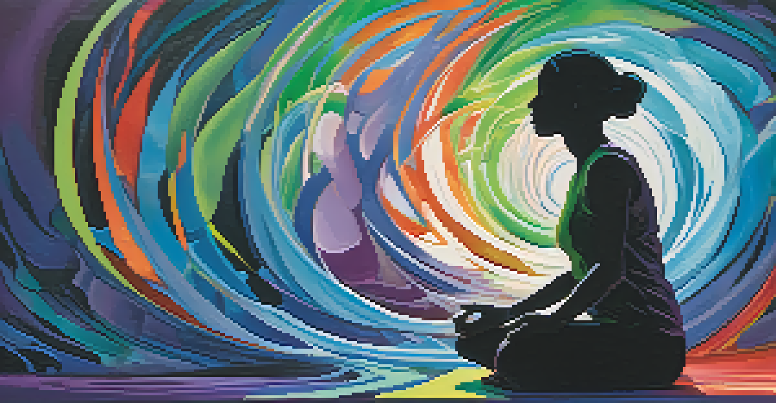 An abstract image depicting a person meditating surrounded by colorful shapes symbolizing thoughts and emotions, representing introspection and personal growth.