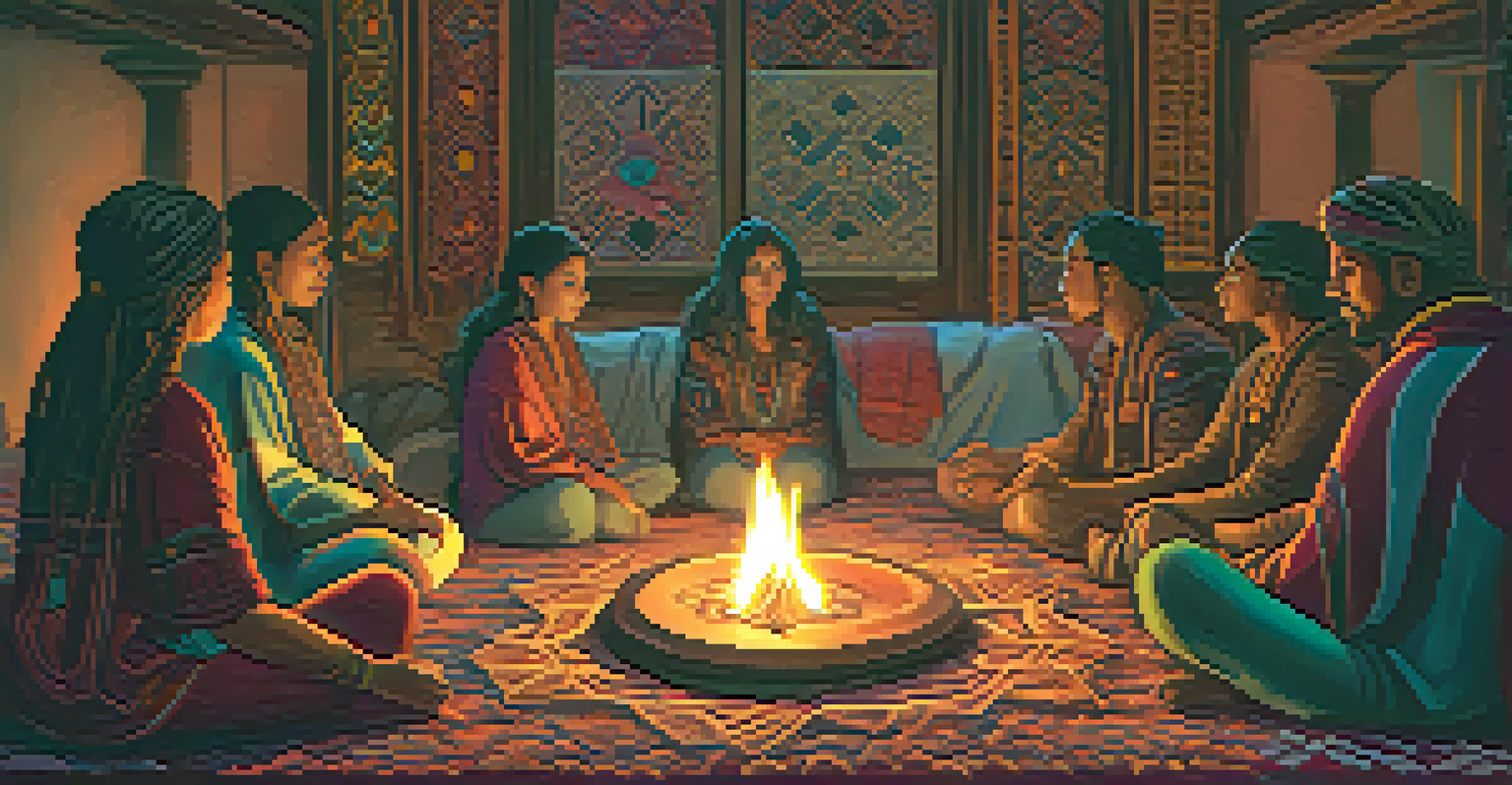 A cozy room with people sitting in a circle during an Ayahuasca ceremony, led by a shaman, surrounded by candles and blankets.