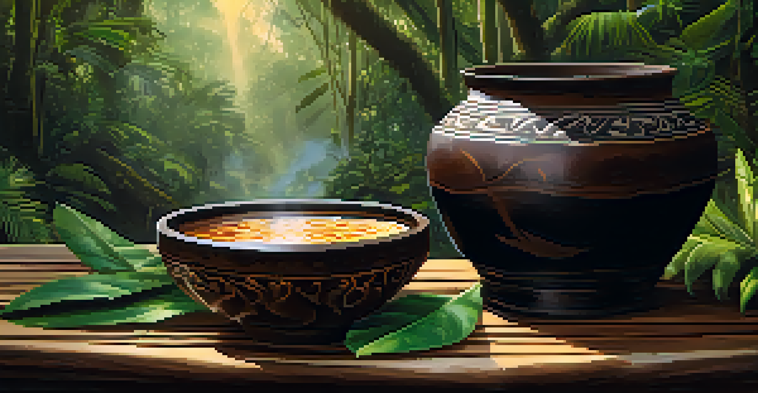 A close-up of ayahuasca brew in a rustic bowl on a wooden table, surrounded by leaves and flowers with a blurred jungle background.