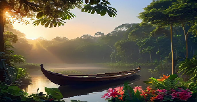 A peaceful Amazon rainforest at dawn, featuring a wooden boat on a calm river surrounded by green foliage and flowers, illuminated by the soft morning light.