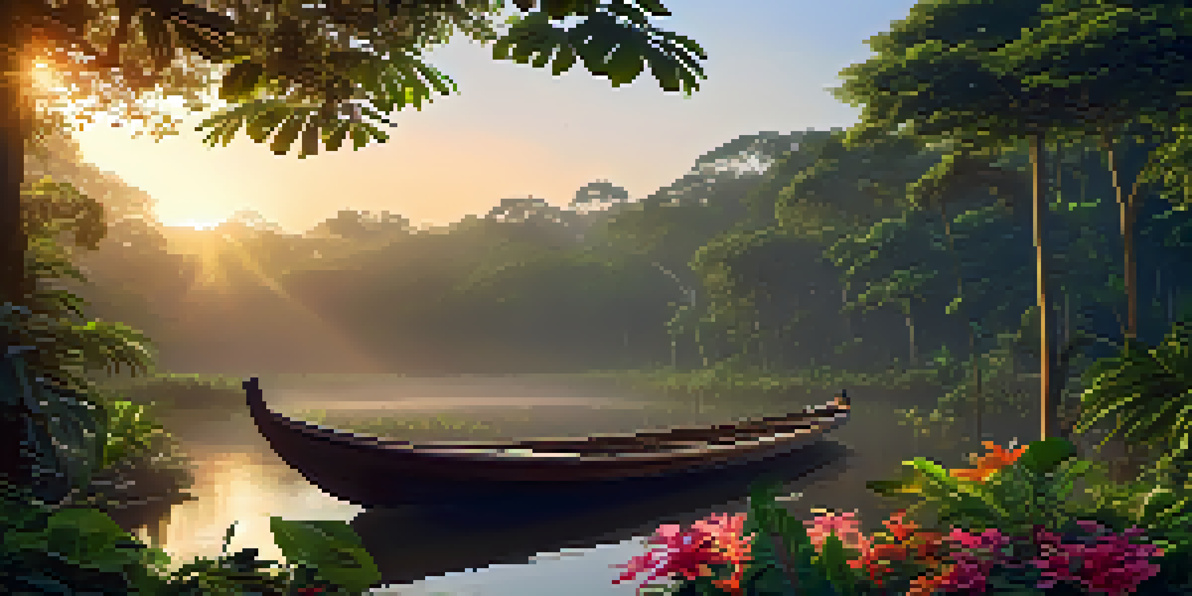 A peaceful Amazon rainforest at dawn, featuring a wooden boat on a calm river surrounded by green foliage and flowers, illuminated by the soft morning light.
