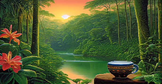 A peaceful Amazon rainforest at twilight, showcasing lush green plants and a river, with an ayahuasca brew in a ceramic cup in the foreground.
