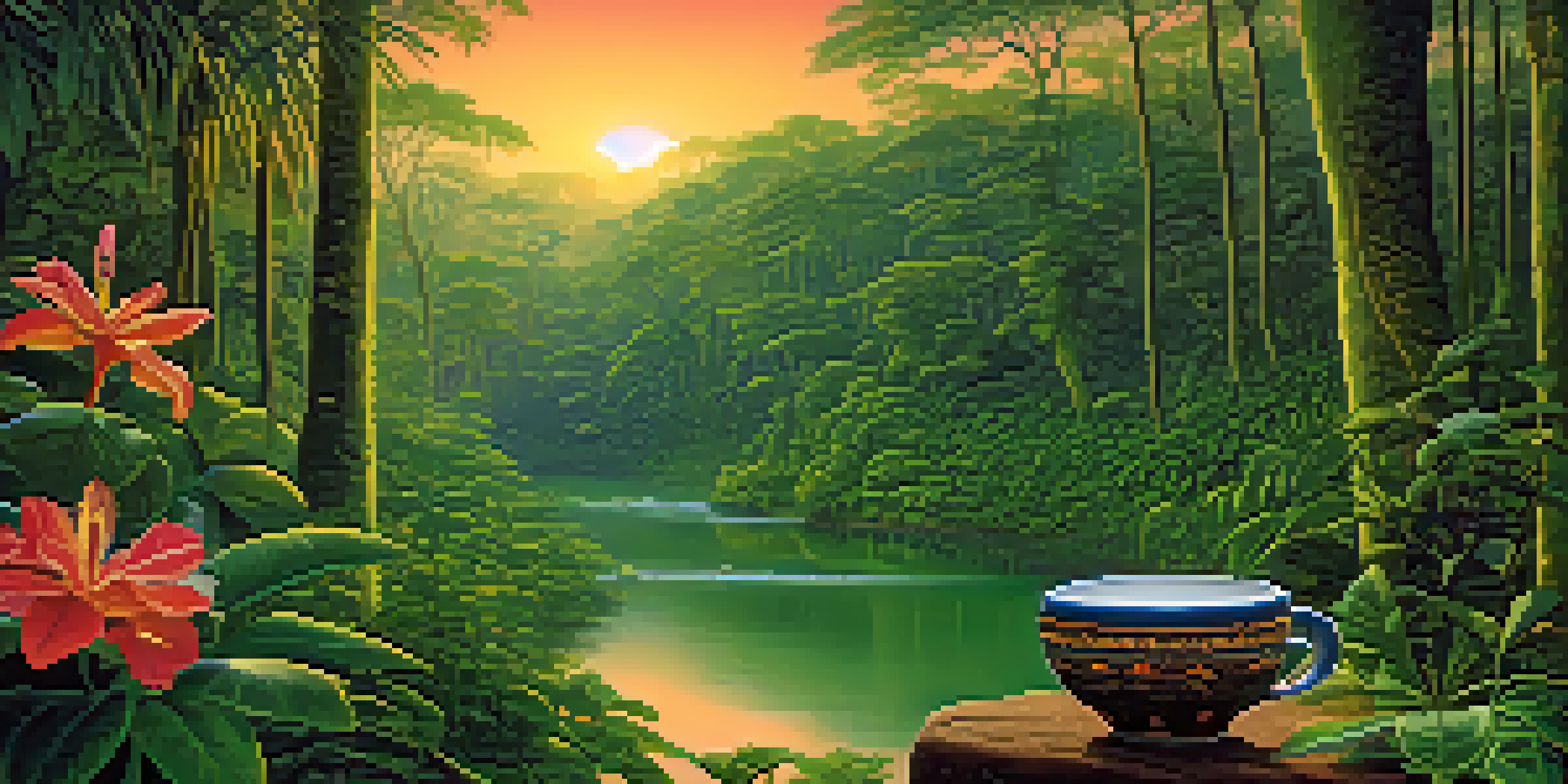 A peaceful Amazon rainforest at twilight, showcasing lush green plants and a river, with an ayahuasca brew in a ceramic cup in the foreground.