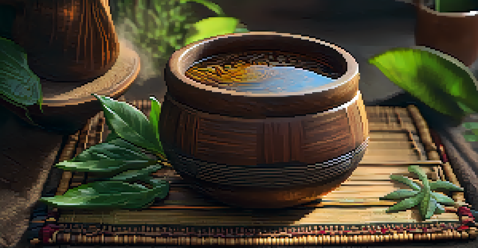 A close-up view of Ayahuasca brew in a rustic cup on a woven mat, with steam rising and tropical plants blurred in the background.