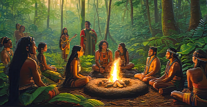 A tranquil Ayahuasca ceremony in a rainforest, with participants sitting in a circle around a fire, surrounded by lush greenery and soft mist.
