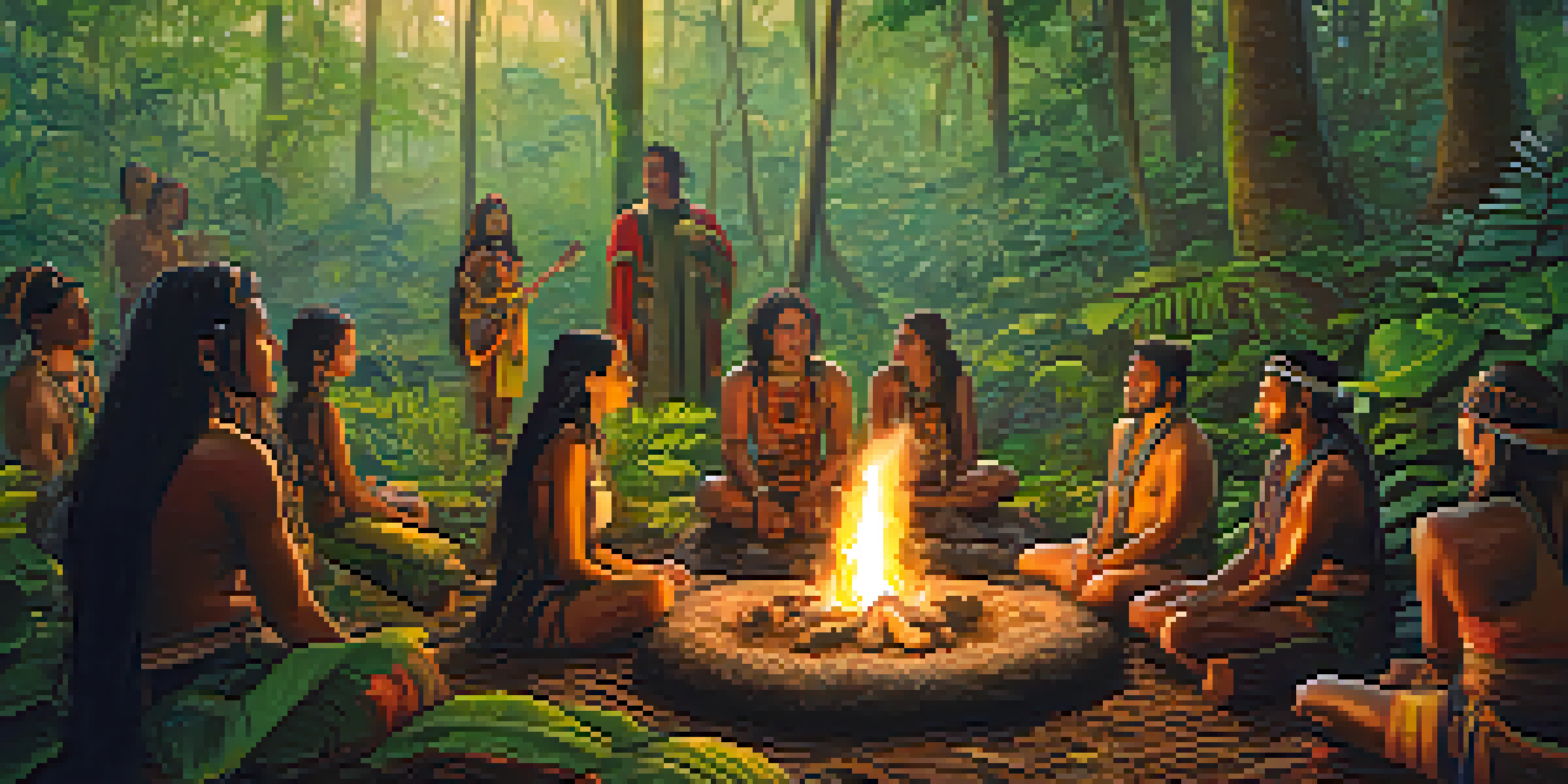 A tranquil Ayahuasca ceremony in a rainforest, with participants sitting in a circle around a fire, surrounded by lush greenery and soft mist.