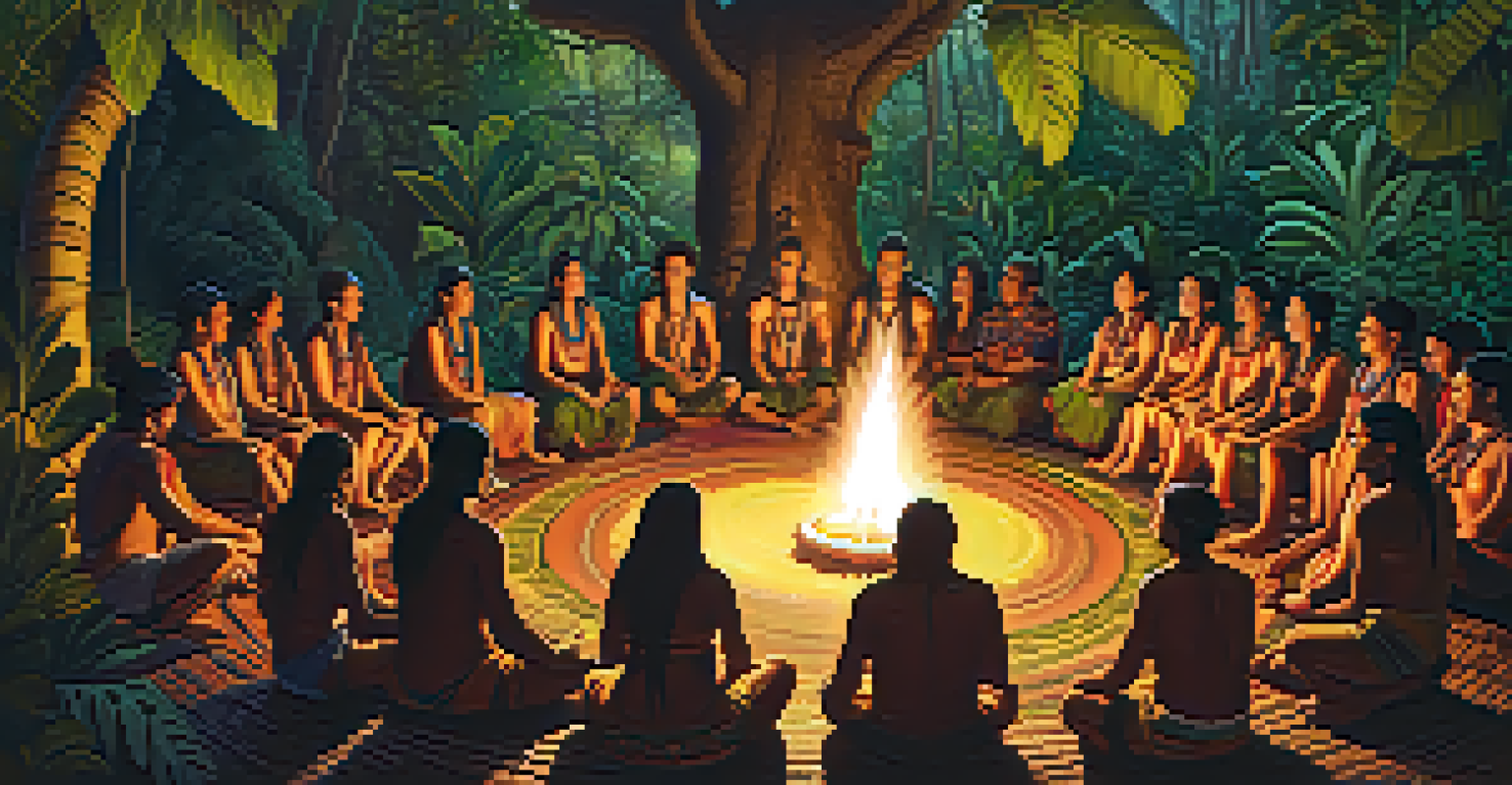 A tranquil ayahuasca ceremony taking place in a vibrant rainforest, with a shaman leading participants seated in a circle, surrounded by lush greenery and soft candlelight.
