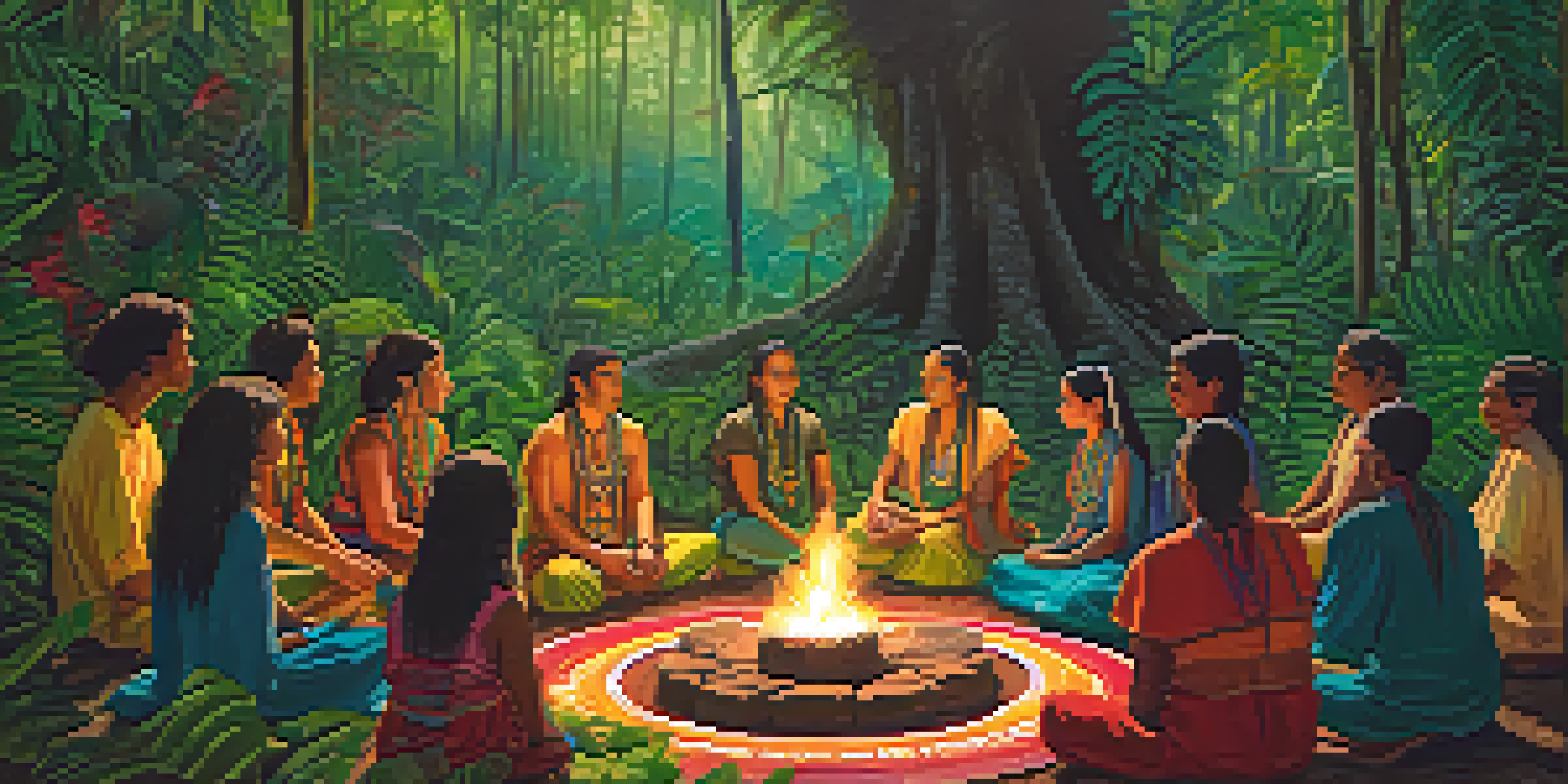Participants engaged in an Ayahuasca ceremony in a beautiful rainforest, sitting in a circle around a fire with soft light illuminating the scene.