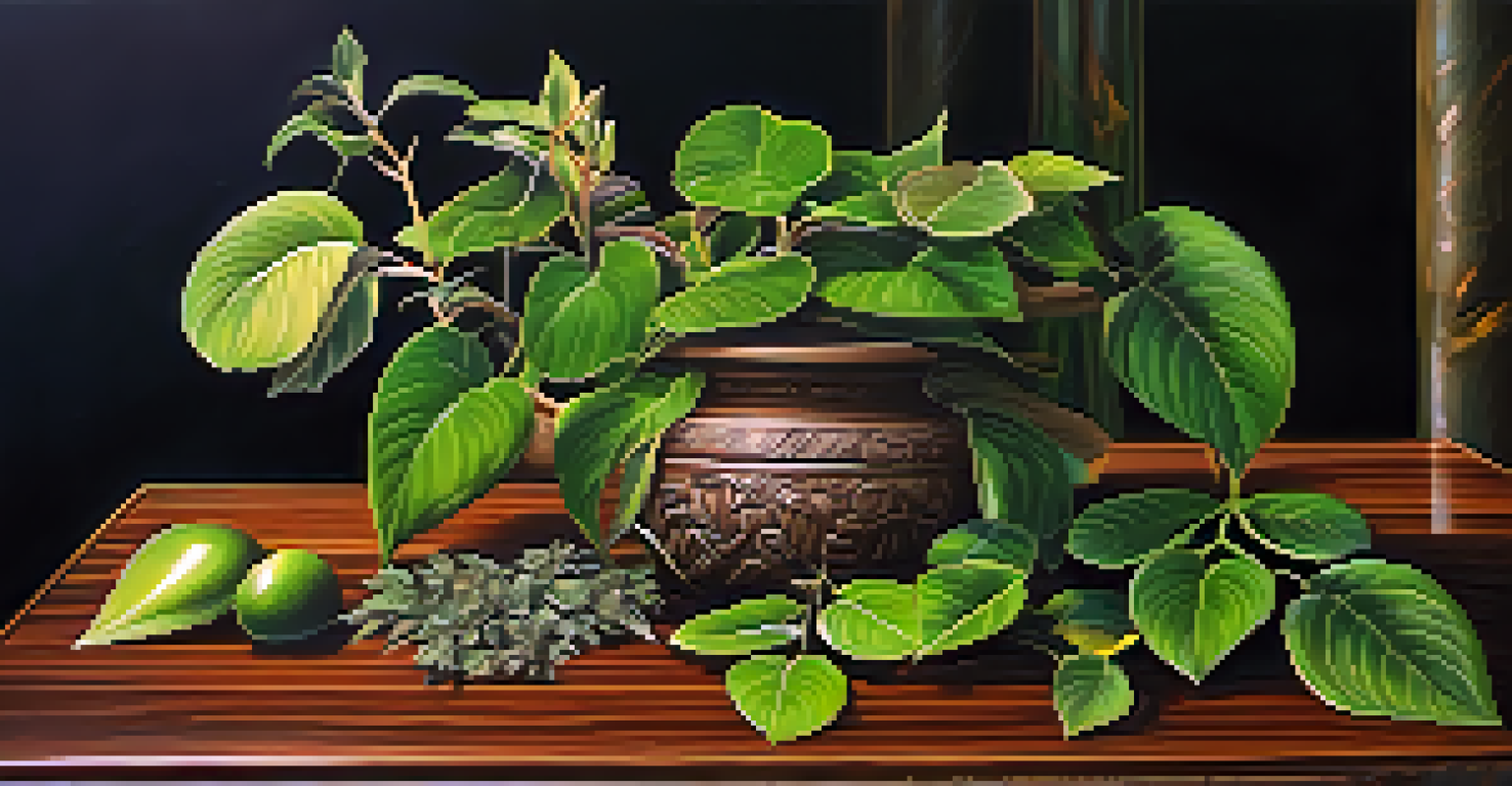 Close-up of ayahuasca plant ingredients: Banisteriopsis caapi vine and Psychotria viridis leaves on a wooden table.