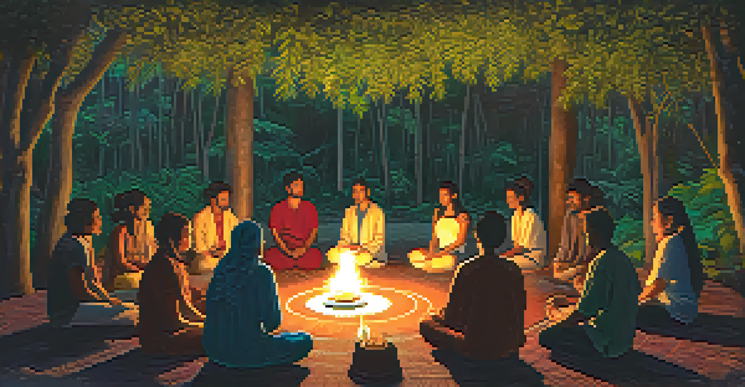 Participants in an Ayahuasca ceremony seated in a circle under trees, reflecting in a candlelit atmosphere.
