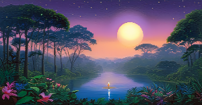A tranquil Amazonian jungle at dusk with a ceremonial circle of candles in a clearing, surrounded by lush greenery and flowers, under a transitioning sky filled with stars.