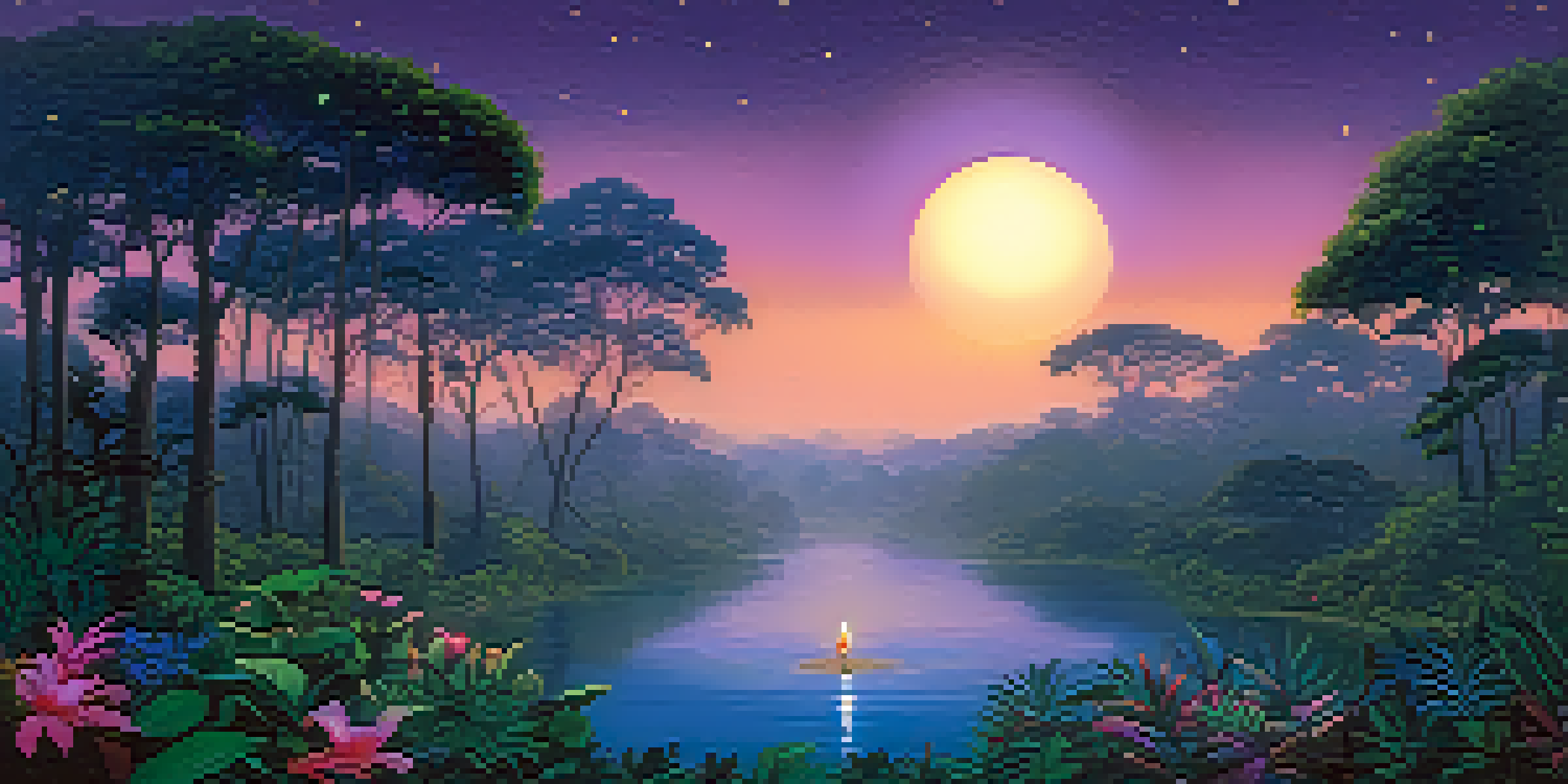 A tranquil Amazonian jungle at dusk with a ceremonial circle of candles in a clearing, surrounded by lush greenery and flowers, under a transitioning sky filled with stars.