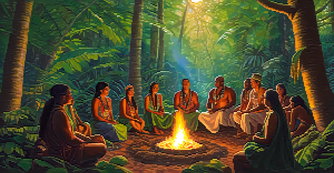 A tranquil ayahuasca ceremony taking place in a vibrant rainforest, with participants gathered around a fire and an elder shaman leading the event.