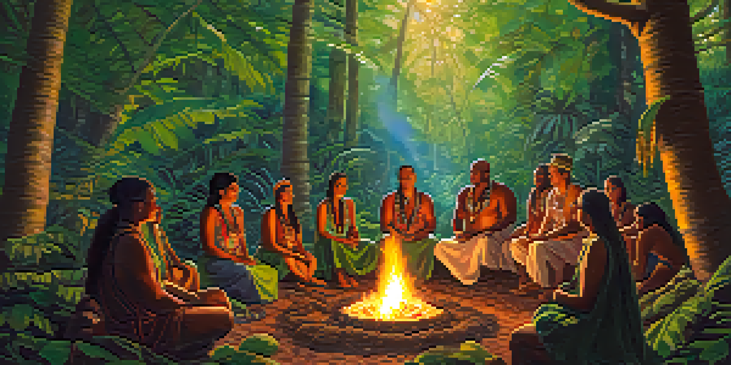 A tranquil ayahuasca ceremony taking place in a vibrant rainforest, with participants gathered around a fire and an elder shaman leading the event.