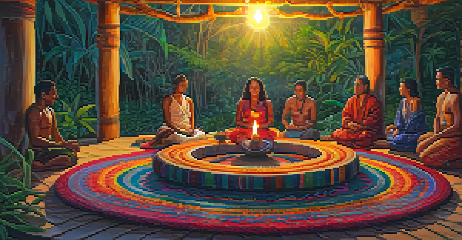 An Ayahuasca ceremony setting with participants in a circle on woven mats, illuminated by candlelight and surrounded by traditional artifacts.