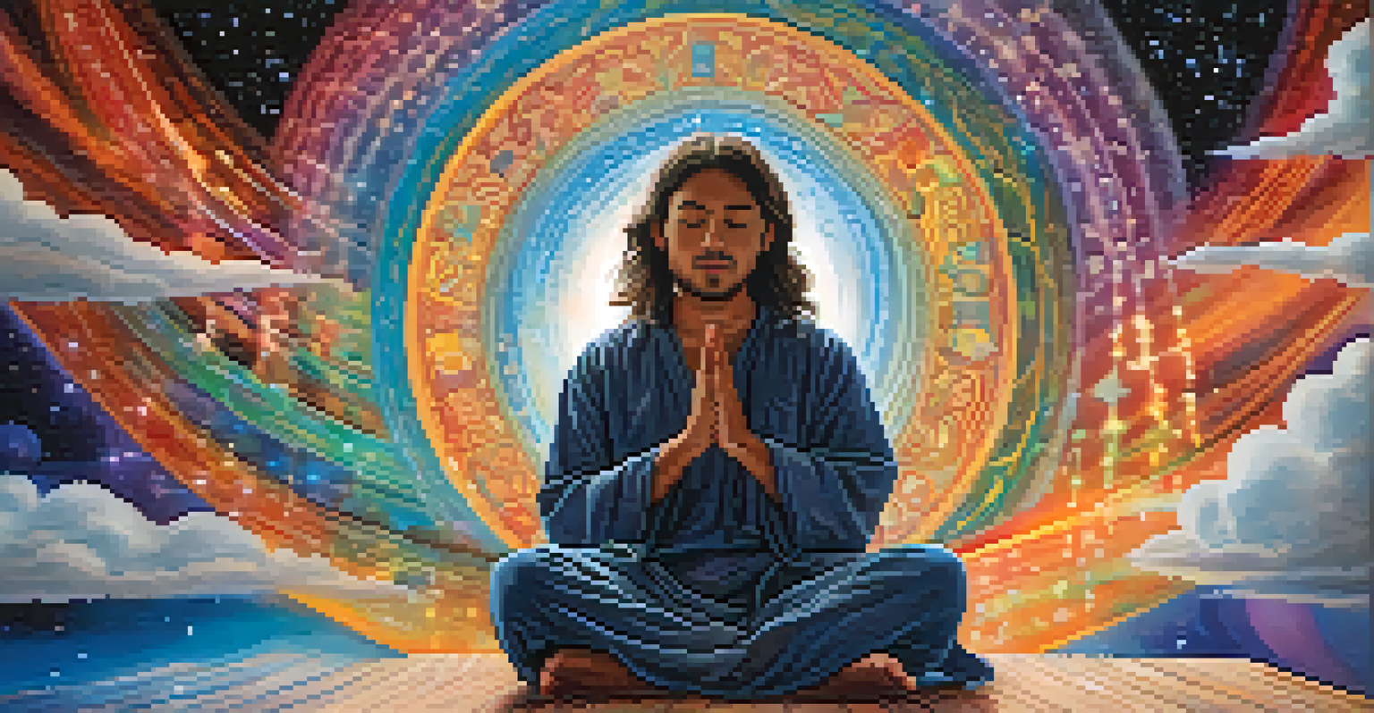 A person meditating amidst vibrant swirling colors and abstract shapes, symbolizing self-discovery and transformation.