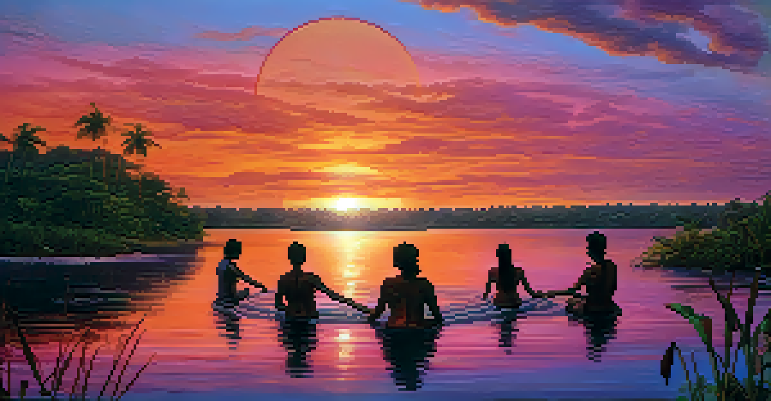 A sunset view over the Amazon river with a group of people holding hands in a circle, surrounded by vibrant colors in the sky.