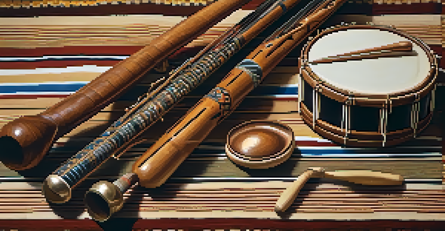A close-up view of traditional Indigenous musical instruments on a woven mat, showcasing their textures and craftsmanship.