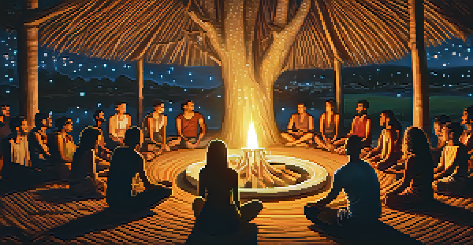 A group of individuals sitting in a circle under a starry sky, sharing experiences after an ayahuasca ceremony, illuminated by glowing lanterns.