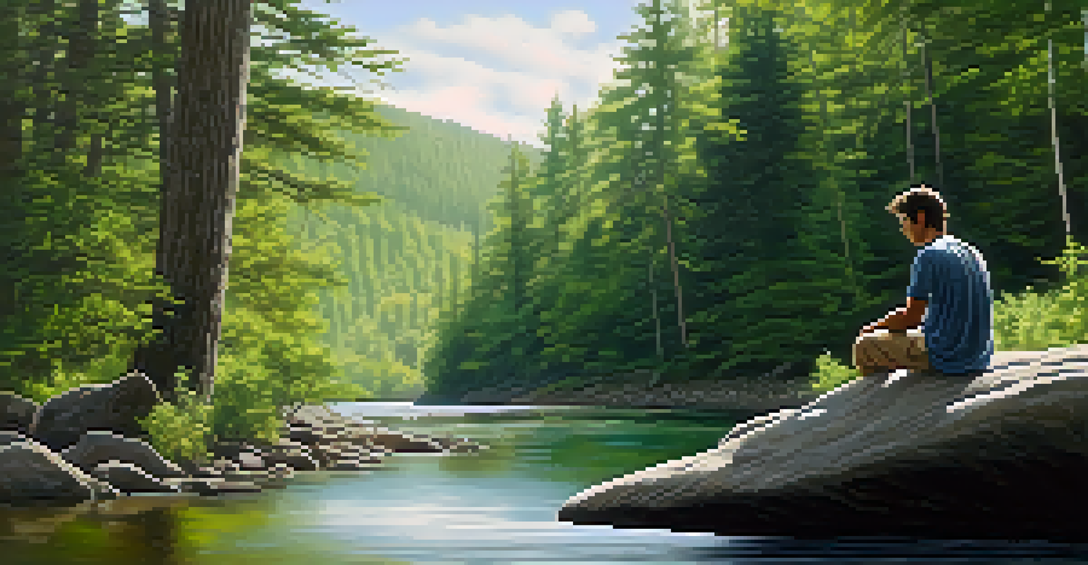 A person sitting alone on a rock by a flowing river in a dense forest, reflecting in soft morning light, conveying a sense of vulnerability.