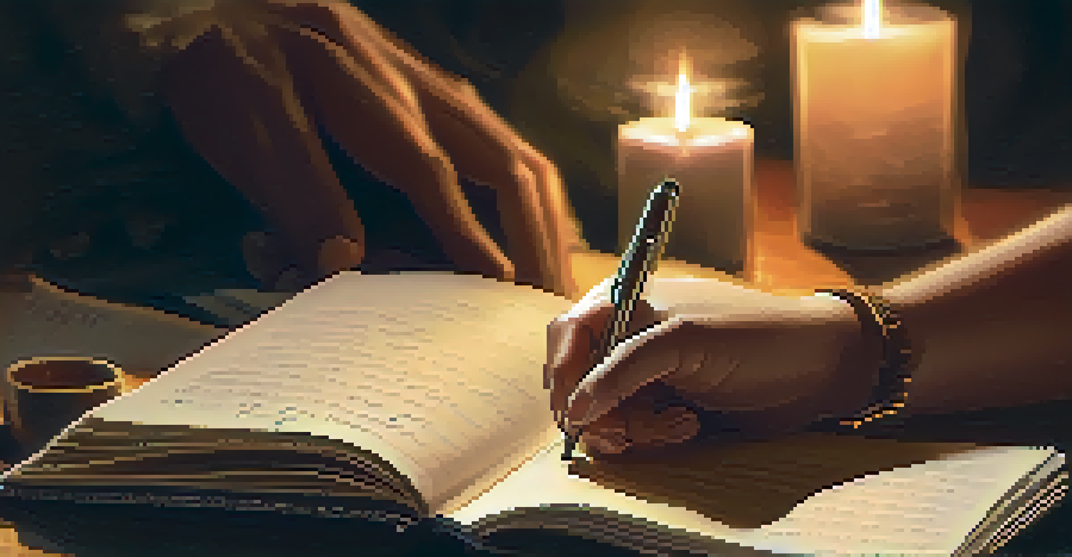 A close-up of hands writing in a journal, with a cup of tea and a candle, symbolizing reflection and personal growth.