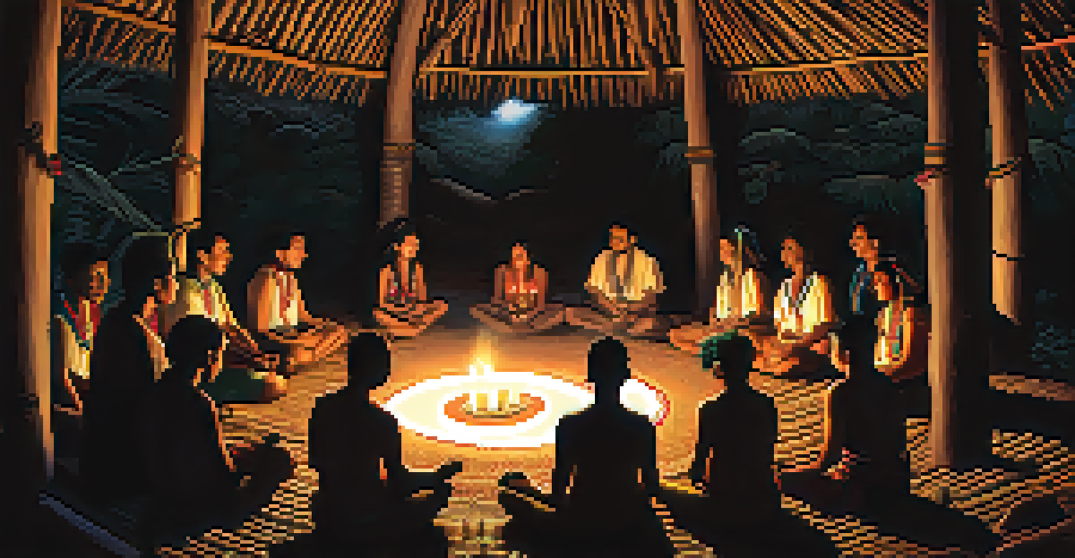 A cozy Ayahuasca ceremony in a dimly lit hut with participants sitting in a circle and a guiding shaman.