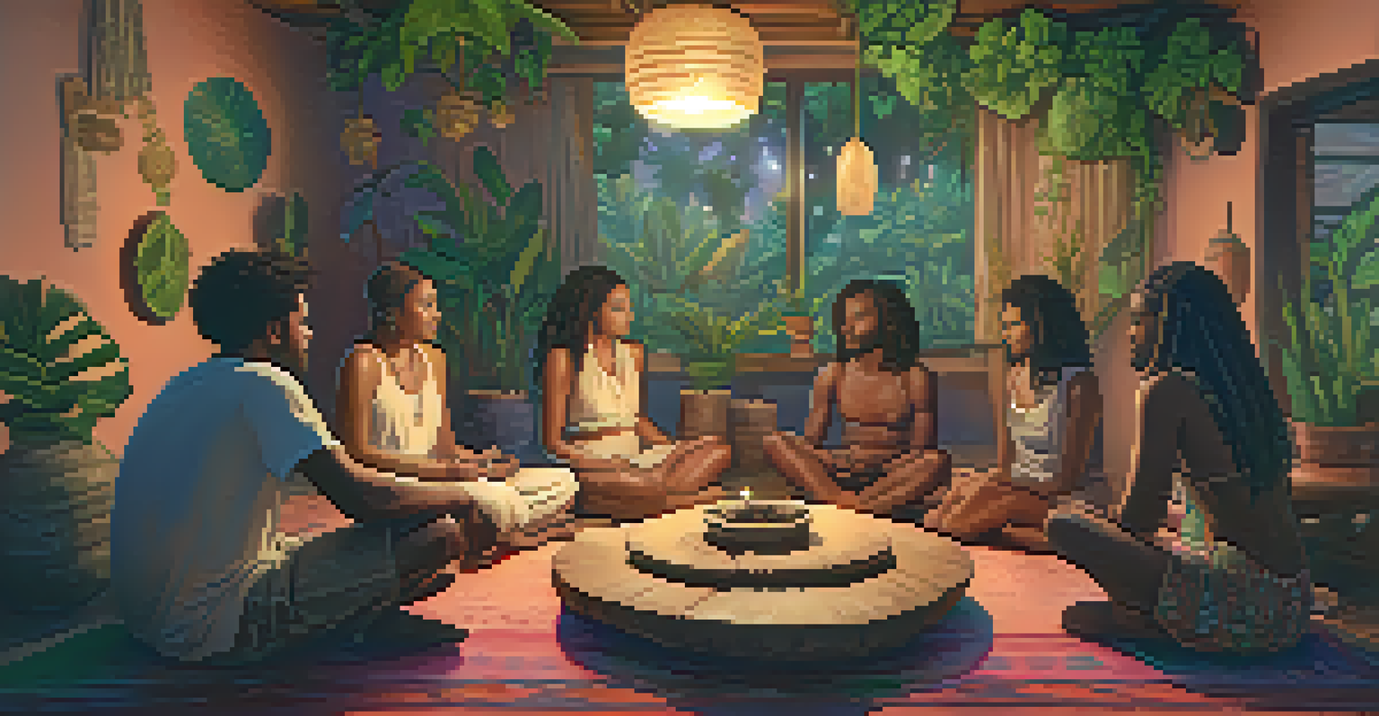 Participants in a cozy room sharing their experiences after an Ayahuasca ceremony, seated on cushions.