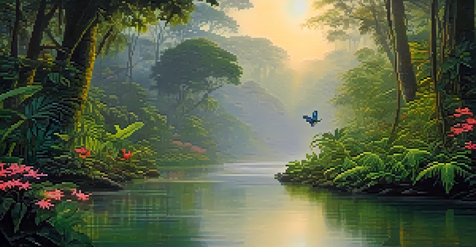 A peaceful Amazon rainforest at dawn, with mist, vibrant greenery, and a flowing river, illuminated by soft golden sunlight.