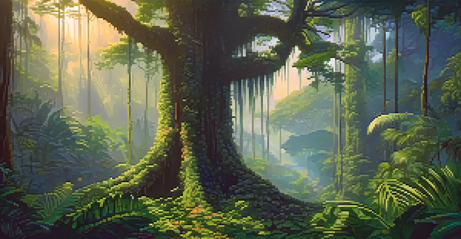 A peaceful Amazon rainforest at dawn, with the ayahuasca vine and colorful flowers under soft sunlight and mist.