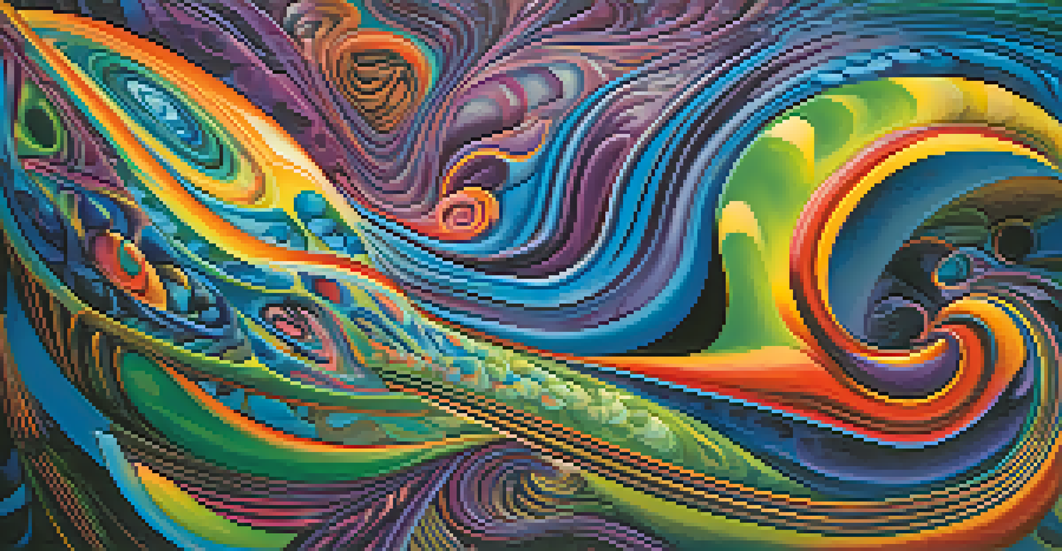 An abstract image depicting the psychological effects of ayahuasca, with swirling patterns and vivid colors representing emotions and transformation.