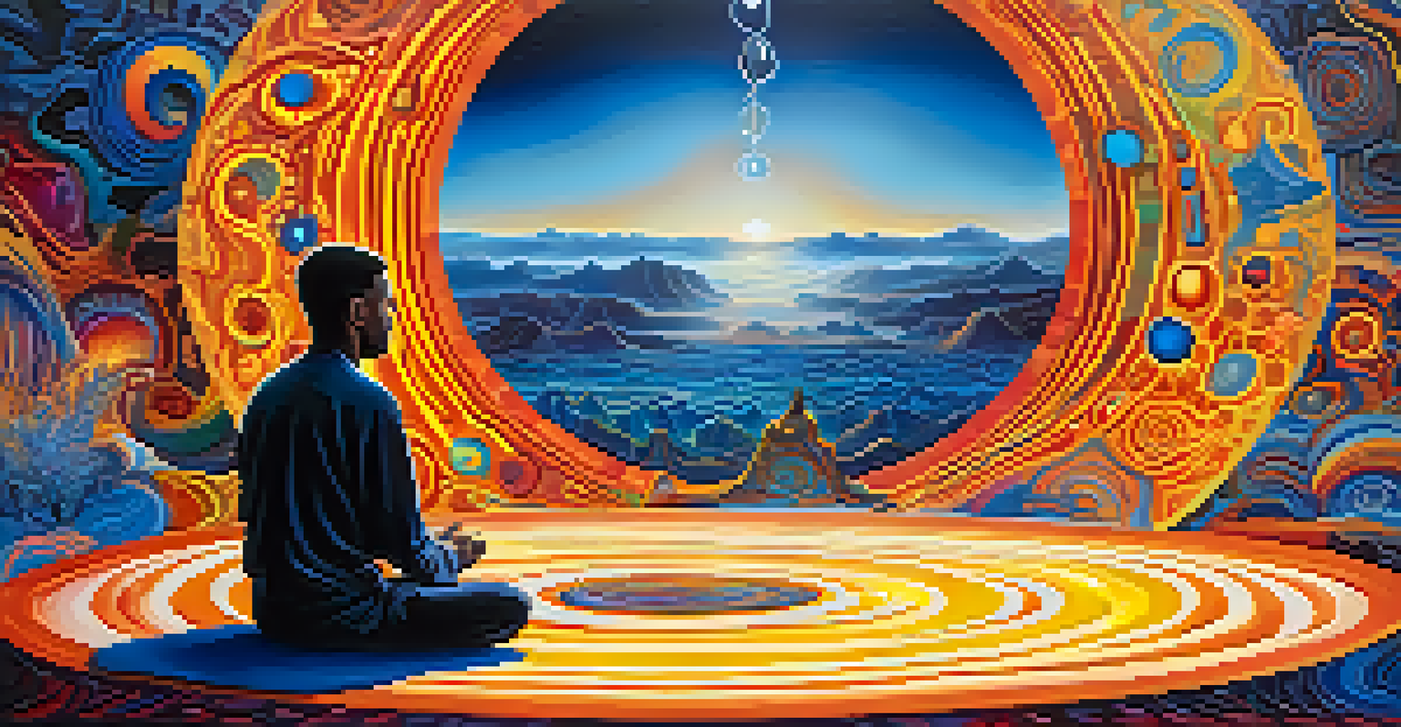 A surreal landscape depicting the introspective Ibogaine experience, with a meditating figure surrounded by vibrant colors and abstract patterns.