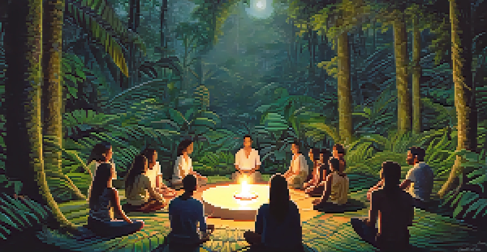 A peaceful ayahuasca ceremony in a jungle with participants sitting on mats and a facilitator in the center, illuminated by candlelight.
