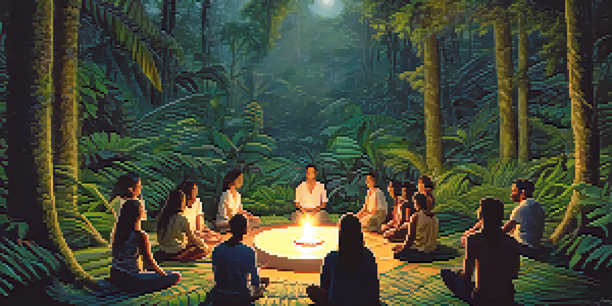 A peaceful ayahuasca ceremony in a jungle with participants sitting on mats and a facilitator in the center, illuminated by candlelight.