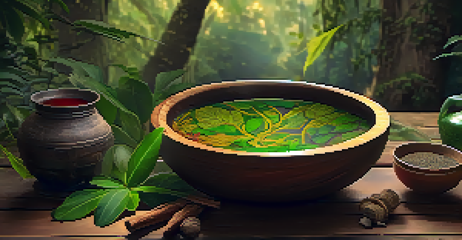 A close-up view of ayahuasca brew in a rustic bowl, surrounded by natural ingredients like the Banisteriopsis caapi vine, on a wooden table with warm lighting.