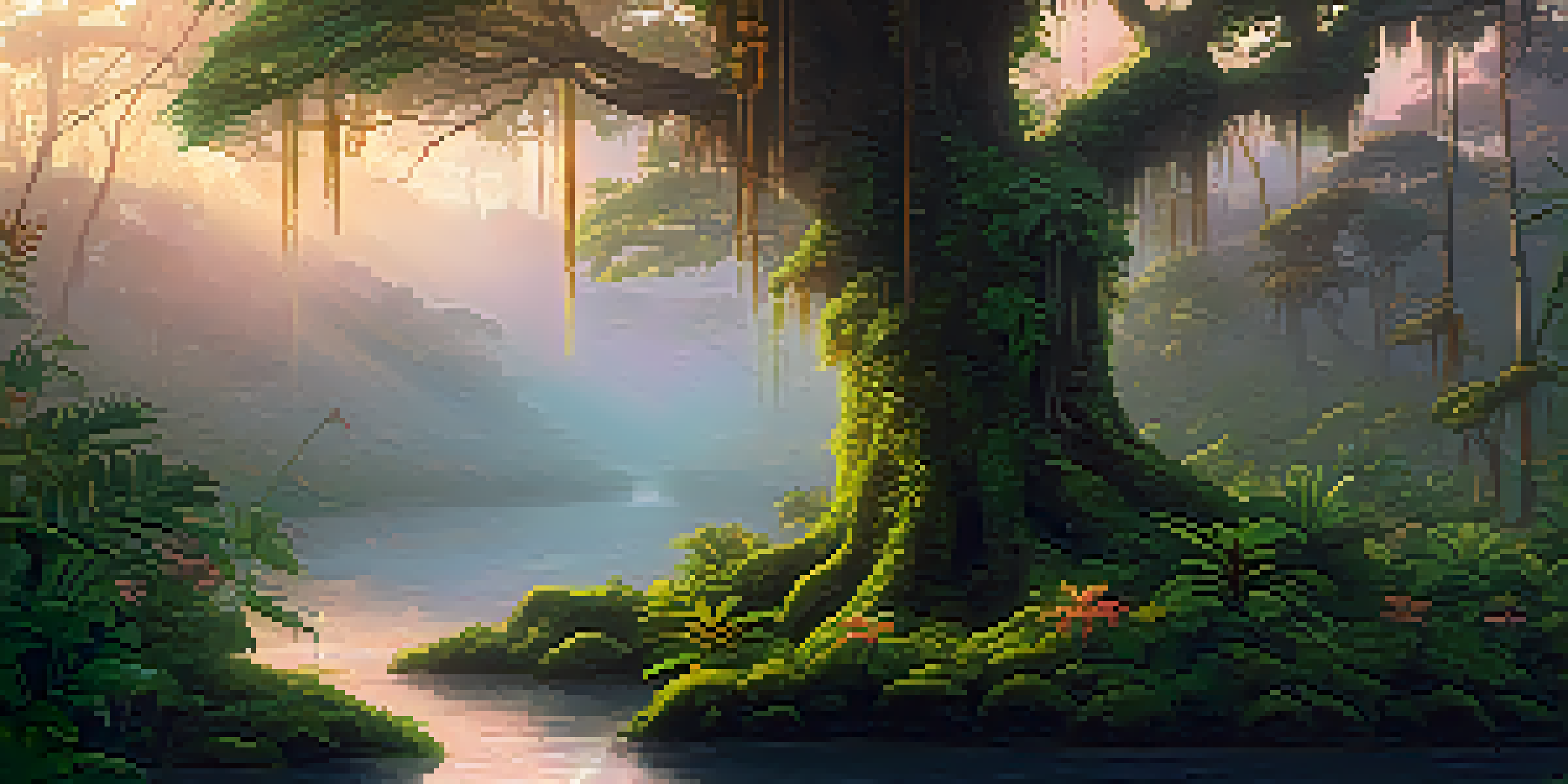 A peaceful Amazon rainforest at dawn, featuring a winding river and a Banisteriopsis caapi vine, with mist and sunlight filtering through the trees.