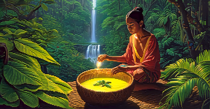 A tranquil scene of the Amazon rainforest at dusk, with a shaman preparing Ayahuasca in a wooden bowl surrounded by lush greenery and colorful flowers.