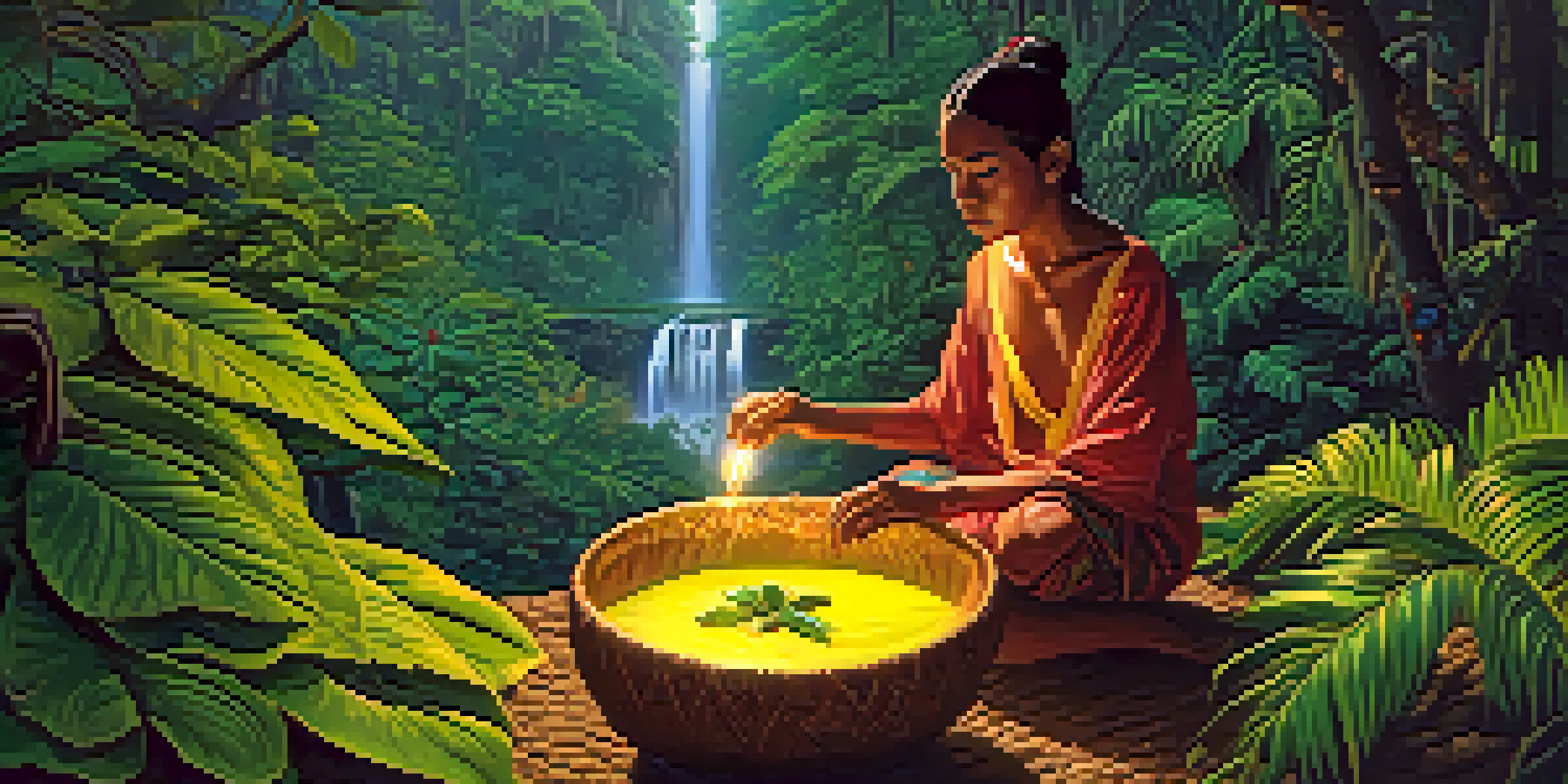 A tranquil scene of the Amazon rainforest at dusk, with a shaman preparing Ayahuasca in a wooden bowl surrounded by lush greenery and colorful flowers.