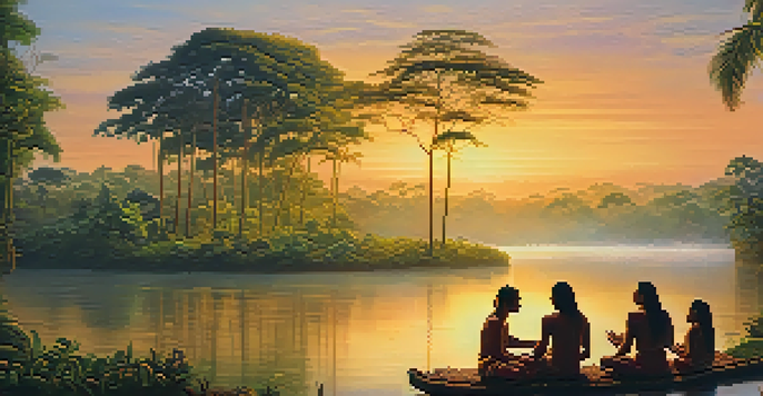 A peaceful Amazonian landscape at dawn with a misty river and lush greenery, featuring a traditional Ayahuasca ceremony with participants and a shaman.