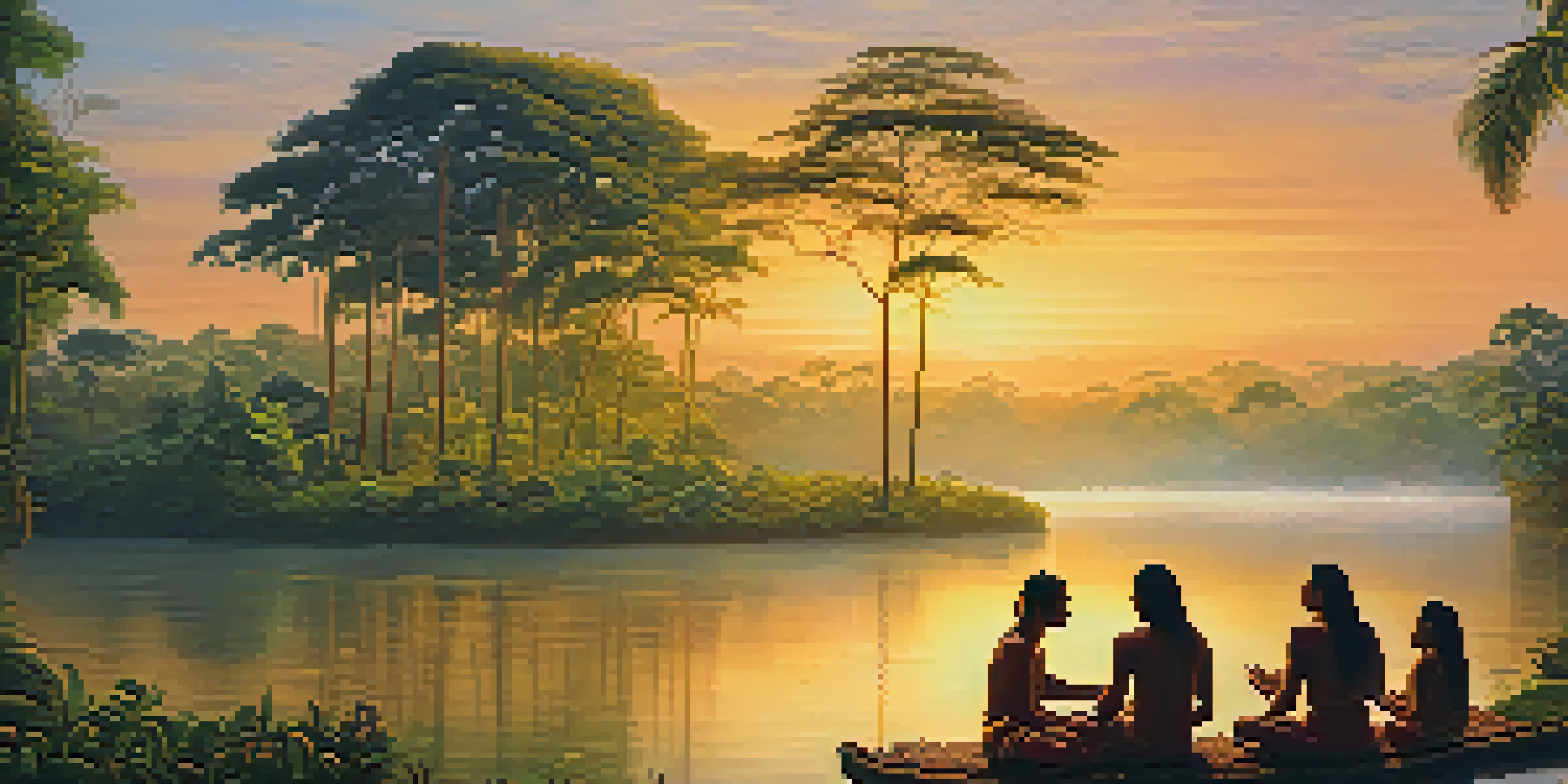 A peaceful Amazonian landscape at dawn with a misty river and lush greenery, featuring a traditional Ayahuasca ceremony with participants and a shaman.