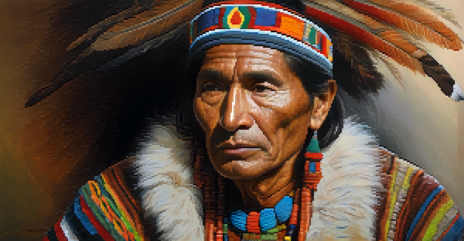 A portrait of a wise shaman during an Ayahuasca ceremony, highlighting their face and traditional artifacts in a softly lit setting.