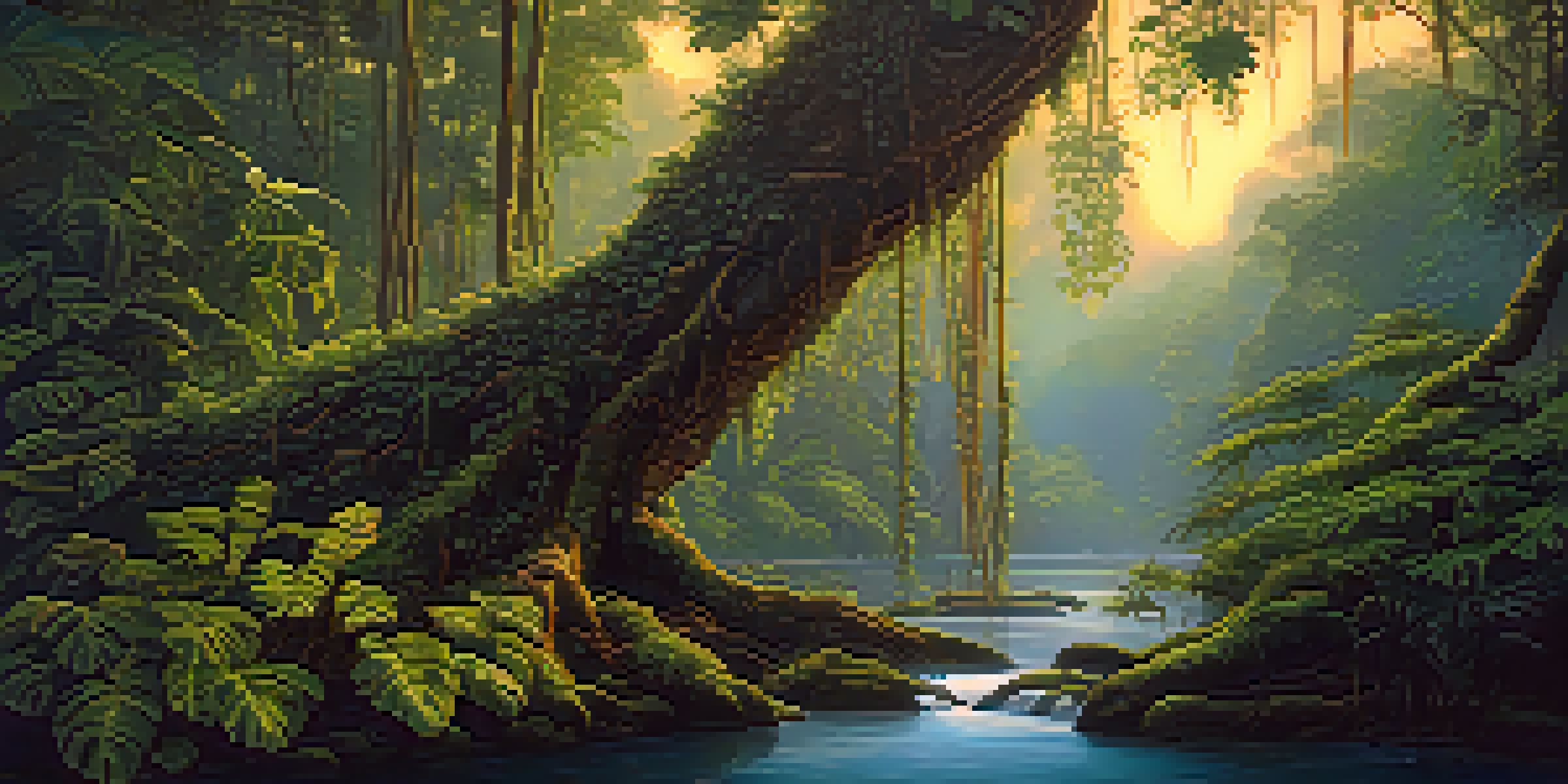 A peaceful Amazon rainforest at dusk with the Banisteriopsis caapi vine around a tree and a river reflecting the sunset.